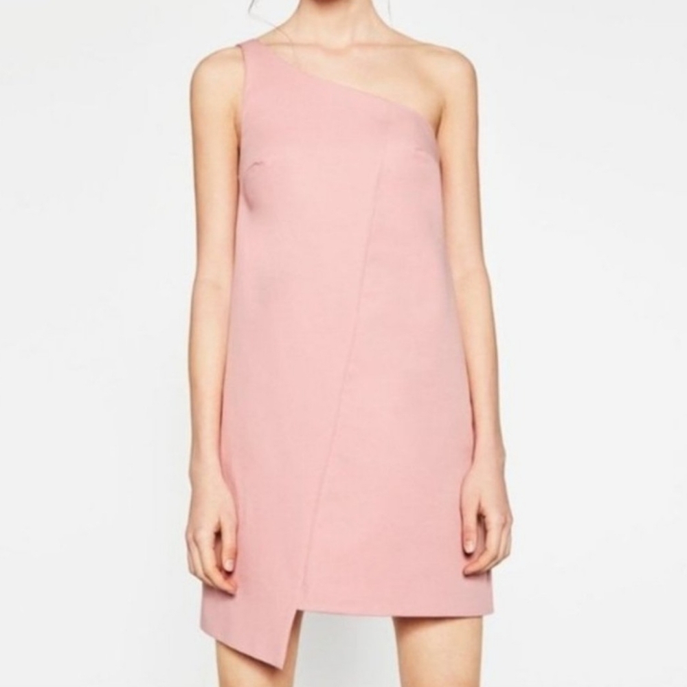Zara Pink One Shoulder Asymmetric Hem Dress Large